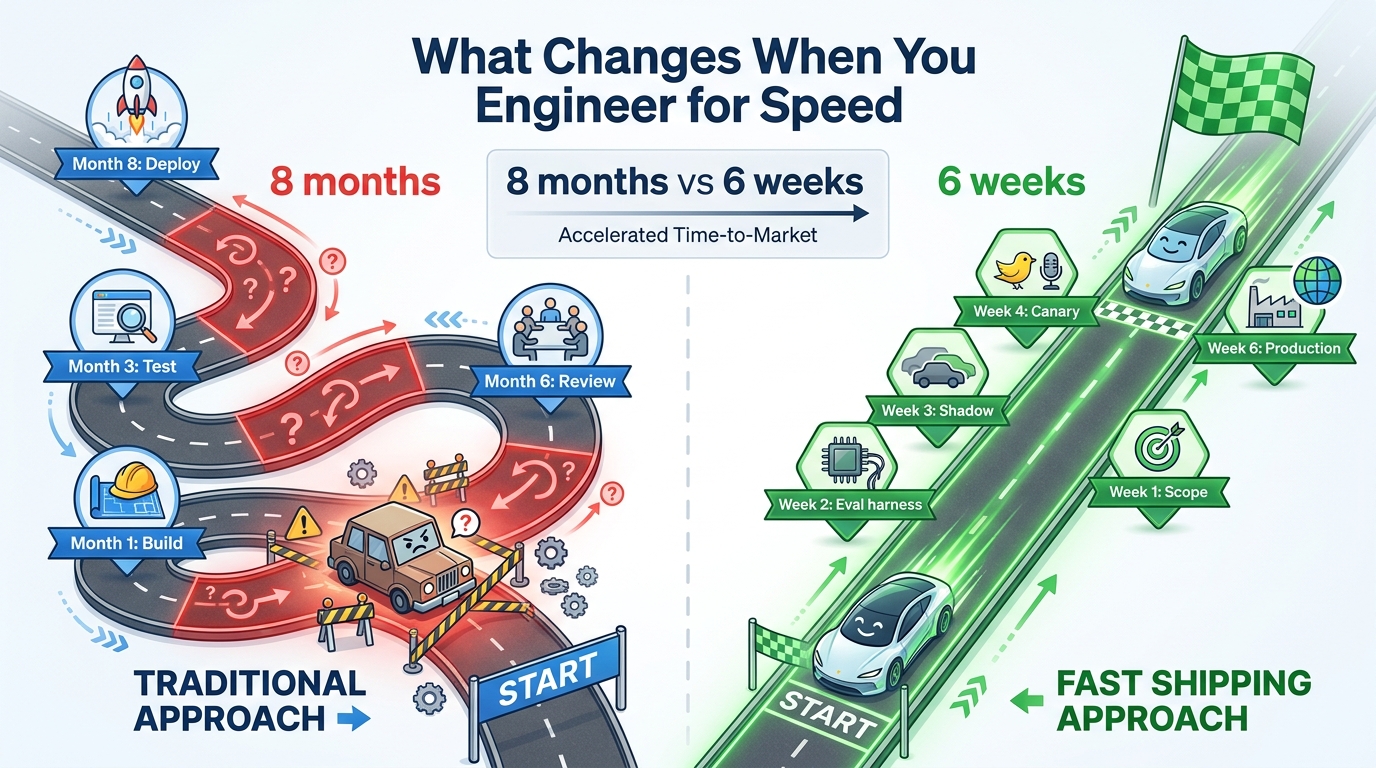 Speed comparison: traditional AI workflow deployment vs fast shipping approach — 8 months vs 6 weeks
