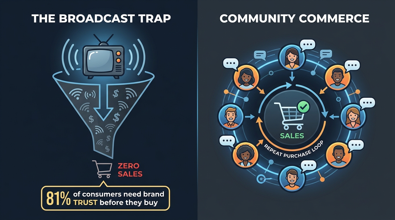 Diagram contrasting the broadcast trap versus community commerce model for livestream sellers