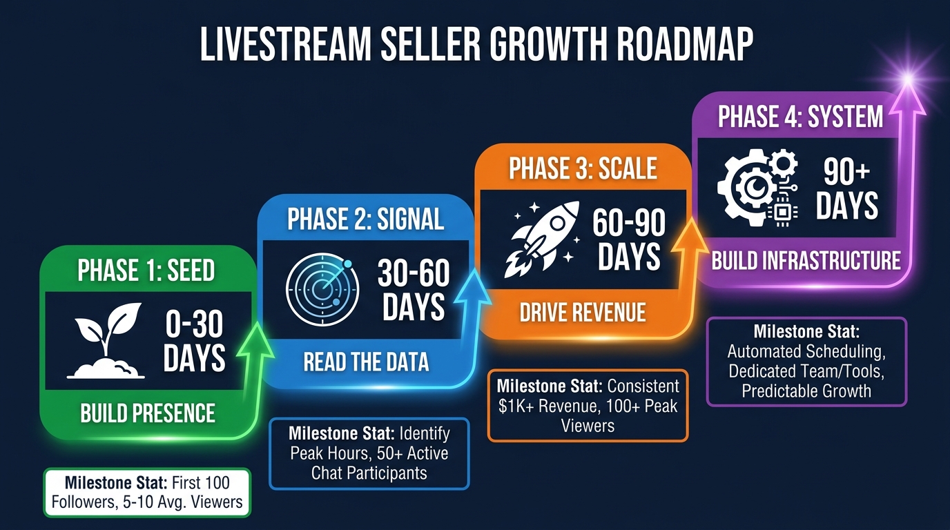 Four-phase livestream seller growth model: Seed, Signal, Scale, System roadmap infographic