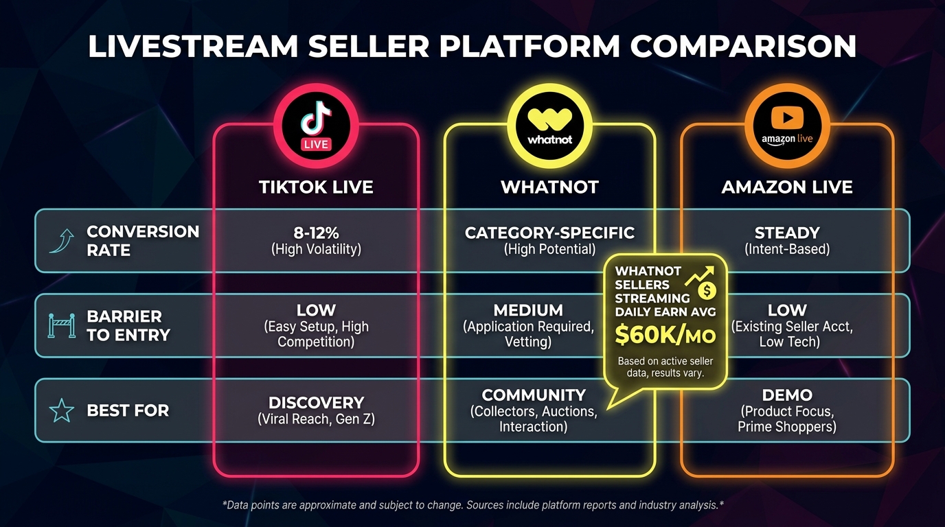 Platform comparison matrix for livestream sellers: TikTok Live vs Whatnot vs Amazon Live