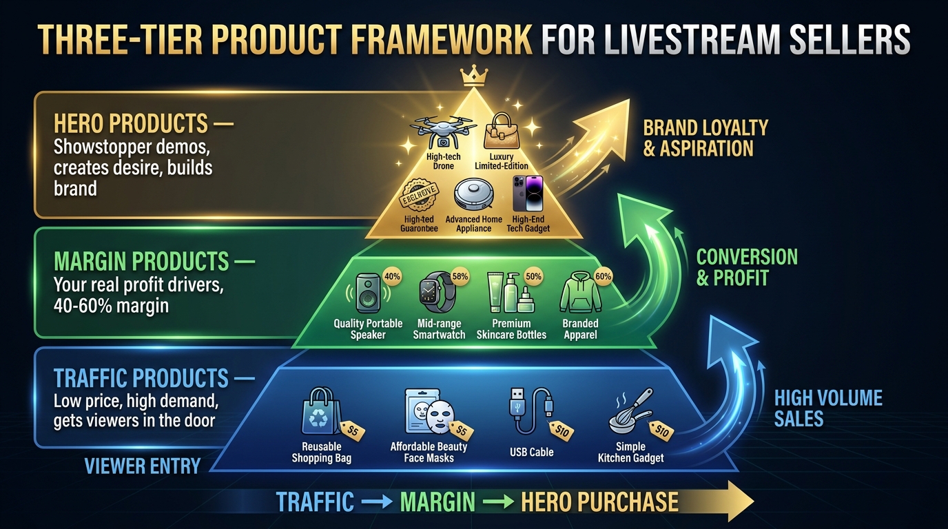 Three-tier product framework pyramid for livestream sellers: traffic, margin, and hero products