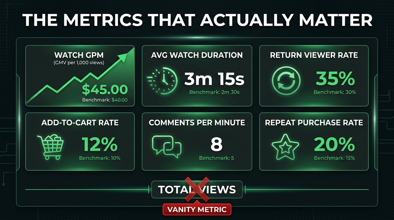 Dashboard infographic of the livestream metrics that actually matter versus vanity metrics