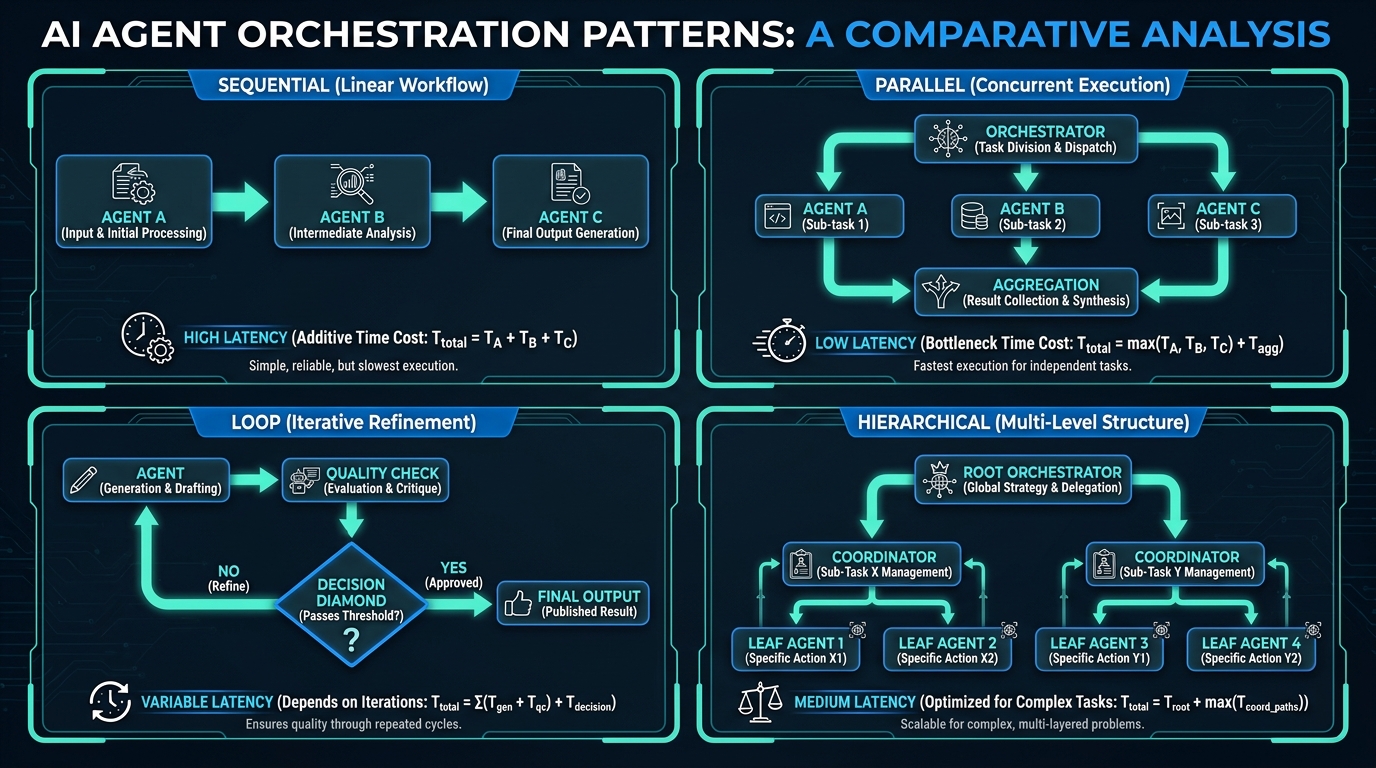 Four orchestration patterns for Gemini multi-agent workflows: Sequential, Parallel, Loop, and Hierarchical, with time-cost comparisons