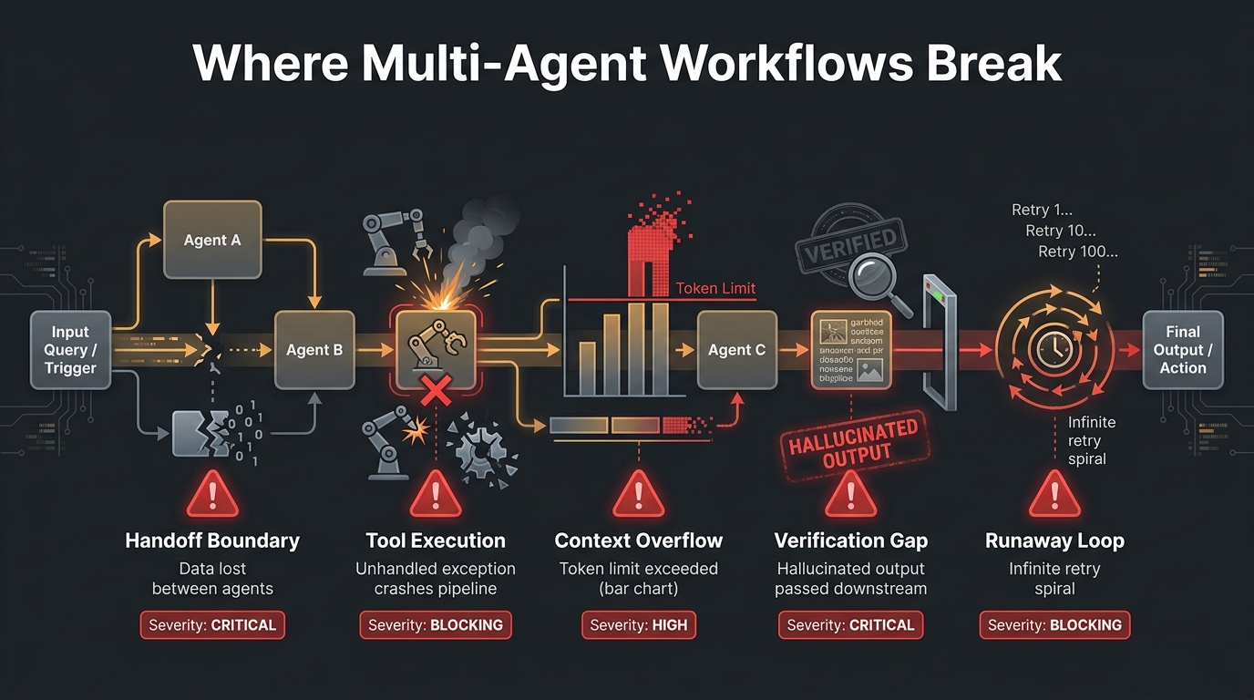 Multi-agent workflow failure modes diagram showing five critical breakdown points: handoff boundaries, tool execution, context overflow, verification gaps, and runaway loops