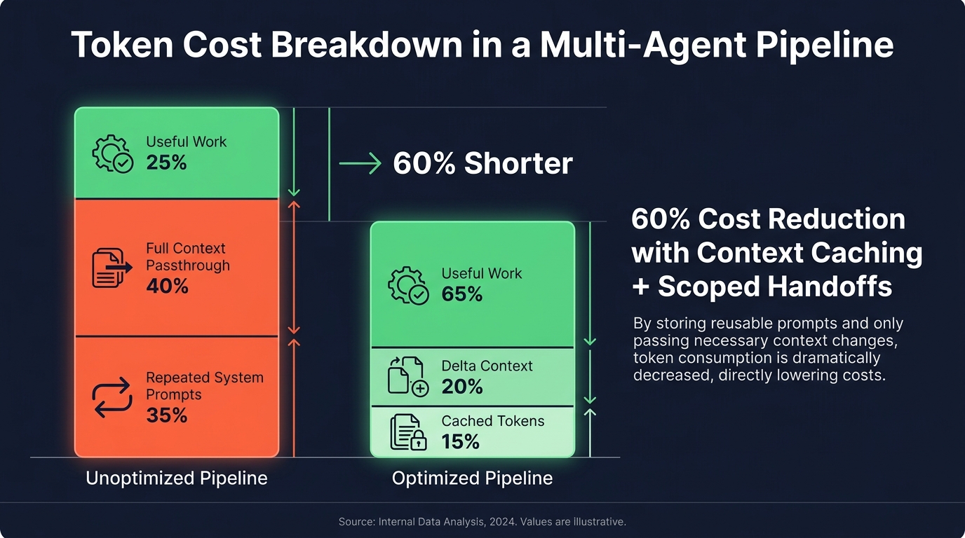 Token cost comparison infographic showing 60% cost reduction achievable through context caching and scoped handoffs in Gemini multi-agent pipelines