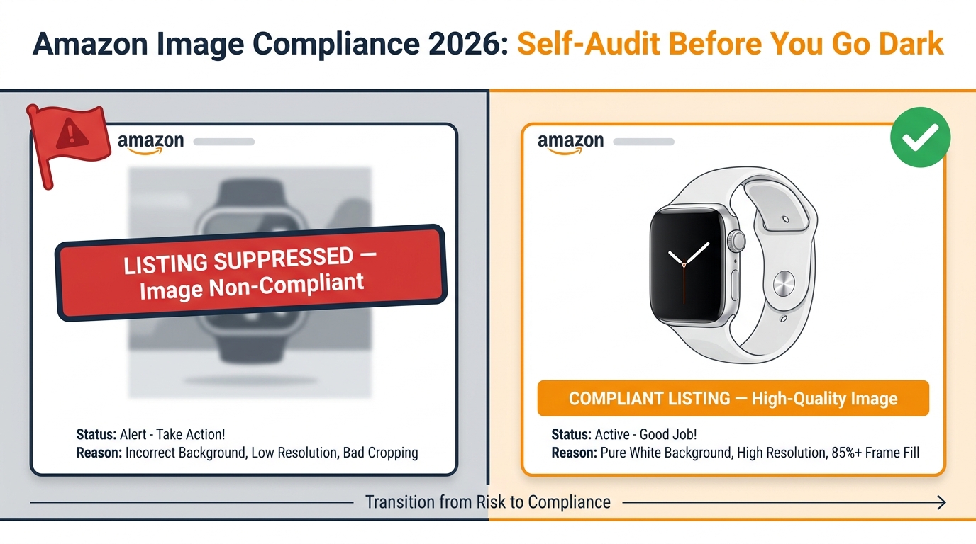 Amazon listing compliance 2026 — suppressed listing vs compliant listing comparison infographic