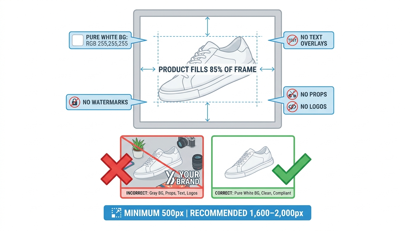 Amazon main image compliance checklist infographic showing 85% frame fill, pure white background, no text overlays or watermarks