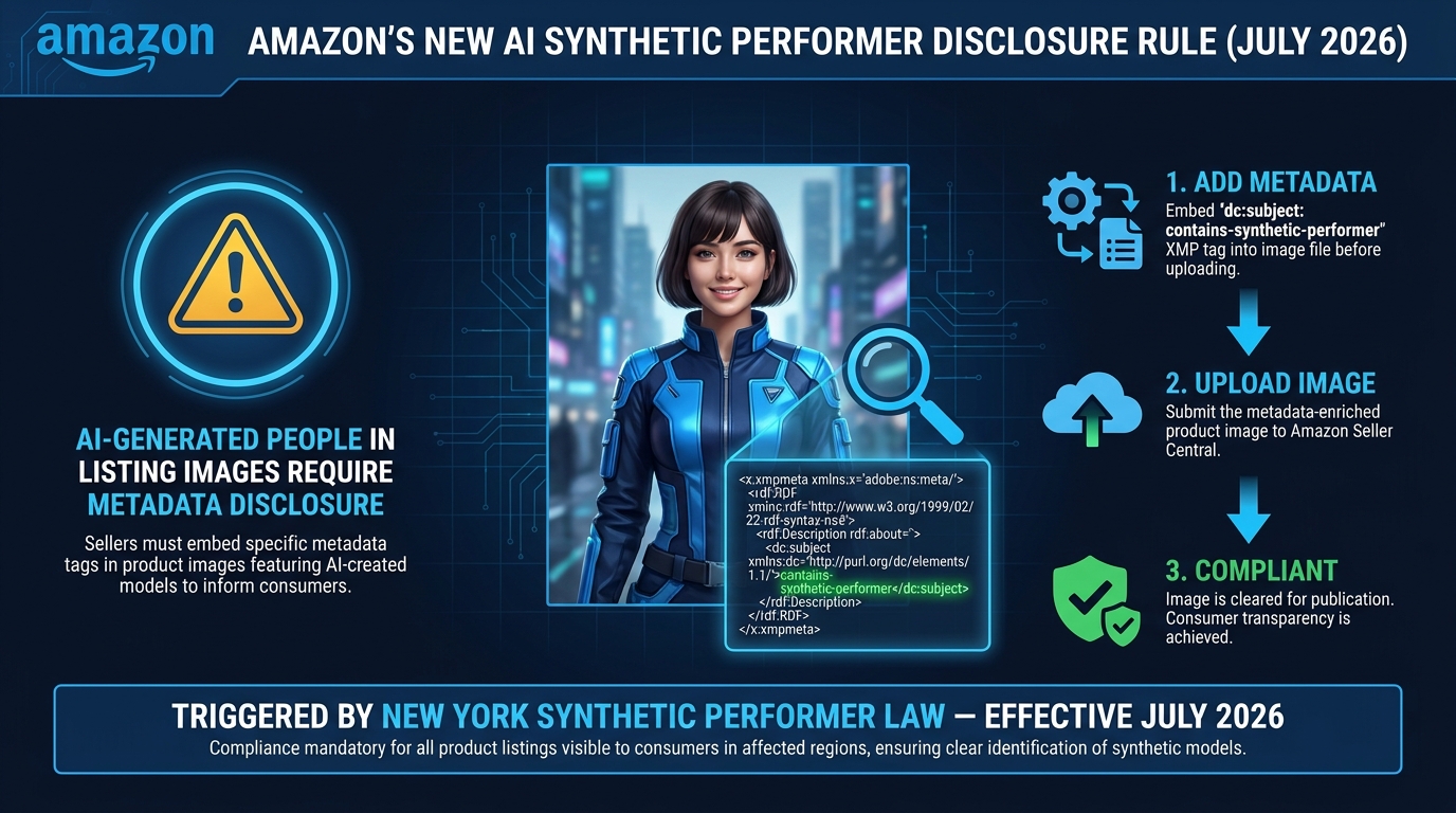 Amazon AI synthetic performer disclosure rule infographic showing contains-synthetic-performer XMP metadata requirement for AI-generated people in listing images