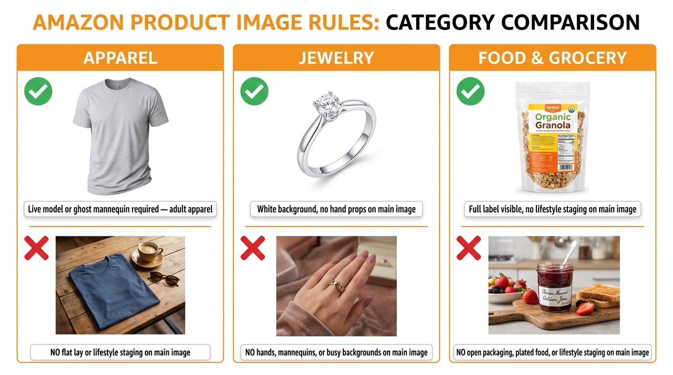 Amazon category-specific image rules comparison for apparel, jewelry, and food — ghost mannequin, white background jewelry, and labeled packaging requirements