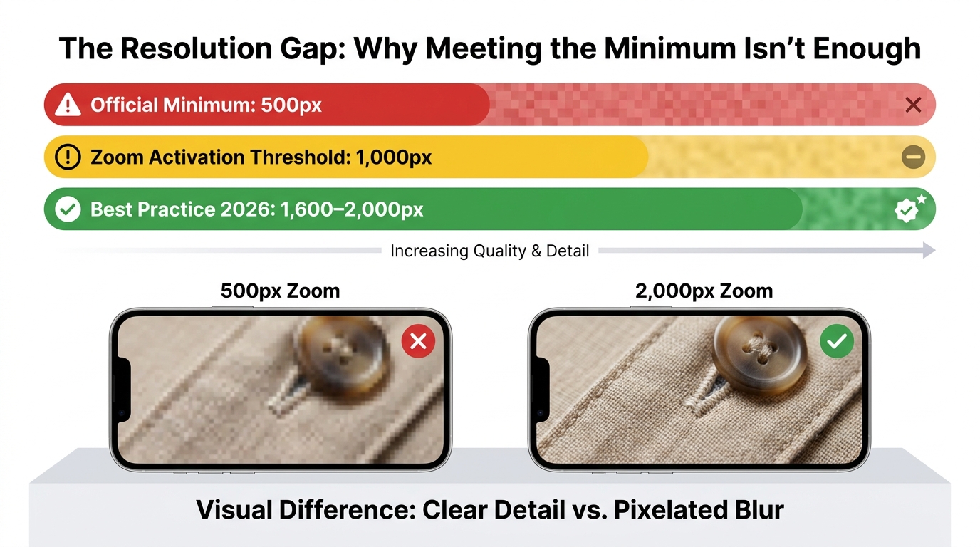 Amazon image resolution comparison infographic showing 500px minimum vs 1000px zoom threshold vs 1600-2000px recommended best practice, with mobile zoom quality comparison