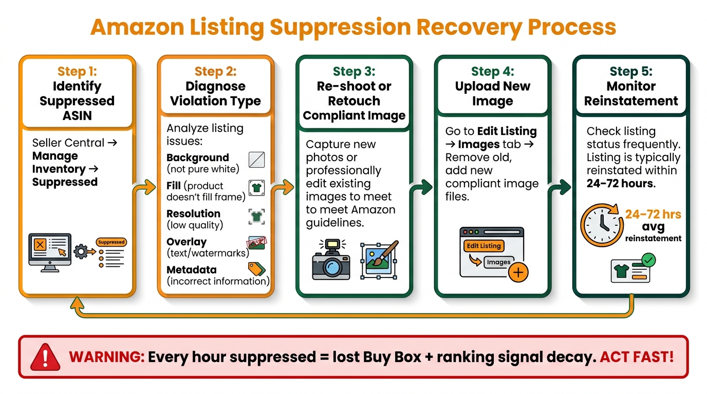 Amazon listing suppression recovery flowchart showing step-by-step process from identifying suppressed ASIN to reinstatement within 24-72 hours