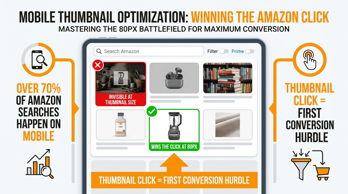 Amazon mobile thumbnail optimization infographic showing compliant vs non-compliant product thumbnail appearance in mobile search results