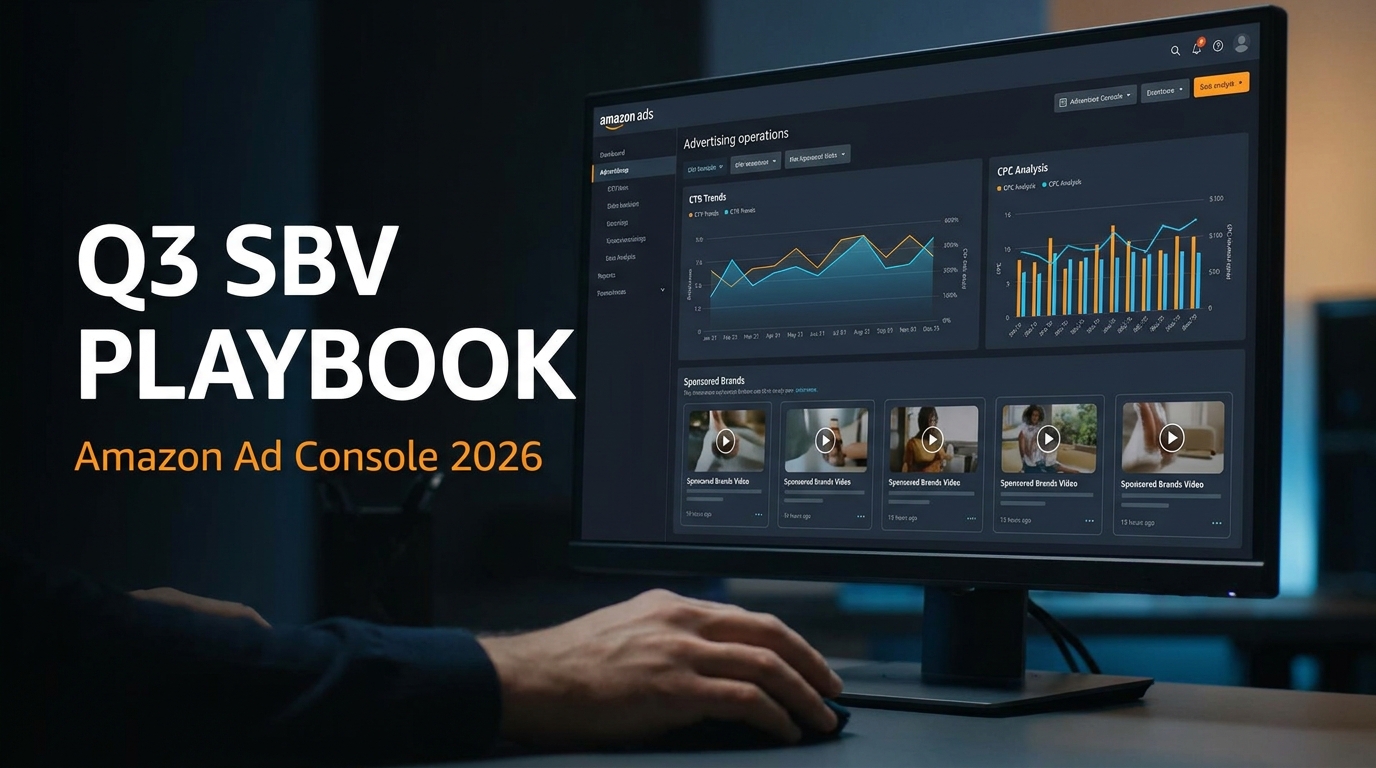 Q3 SBV Playbook — Amazon Ad Console 2026 dashboard with campaign metrics and video creative thumbnails