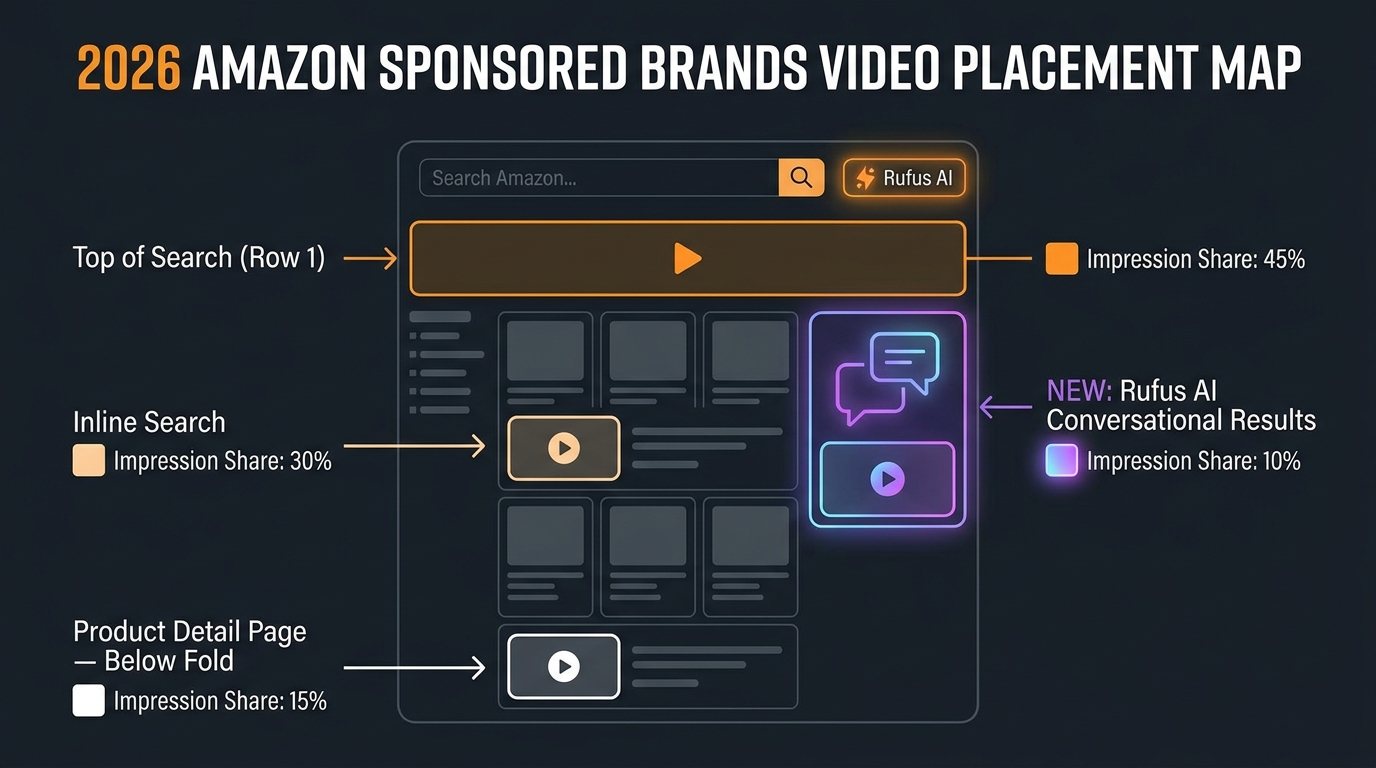 Amazon Sponsored Brands Video placement map showing top of search, inline search, product detail page, and Rufus AI conversational results zones