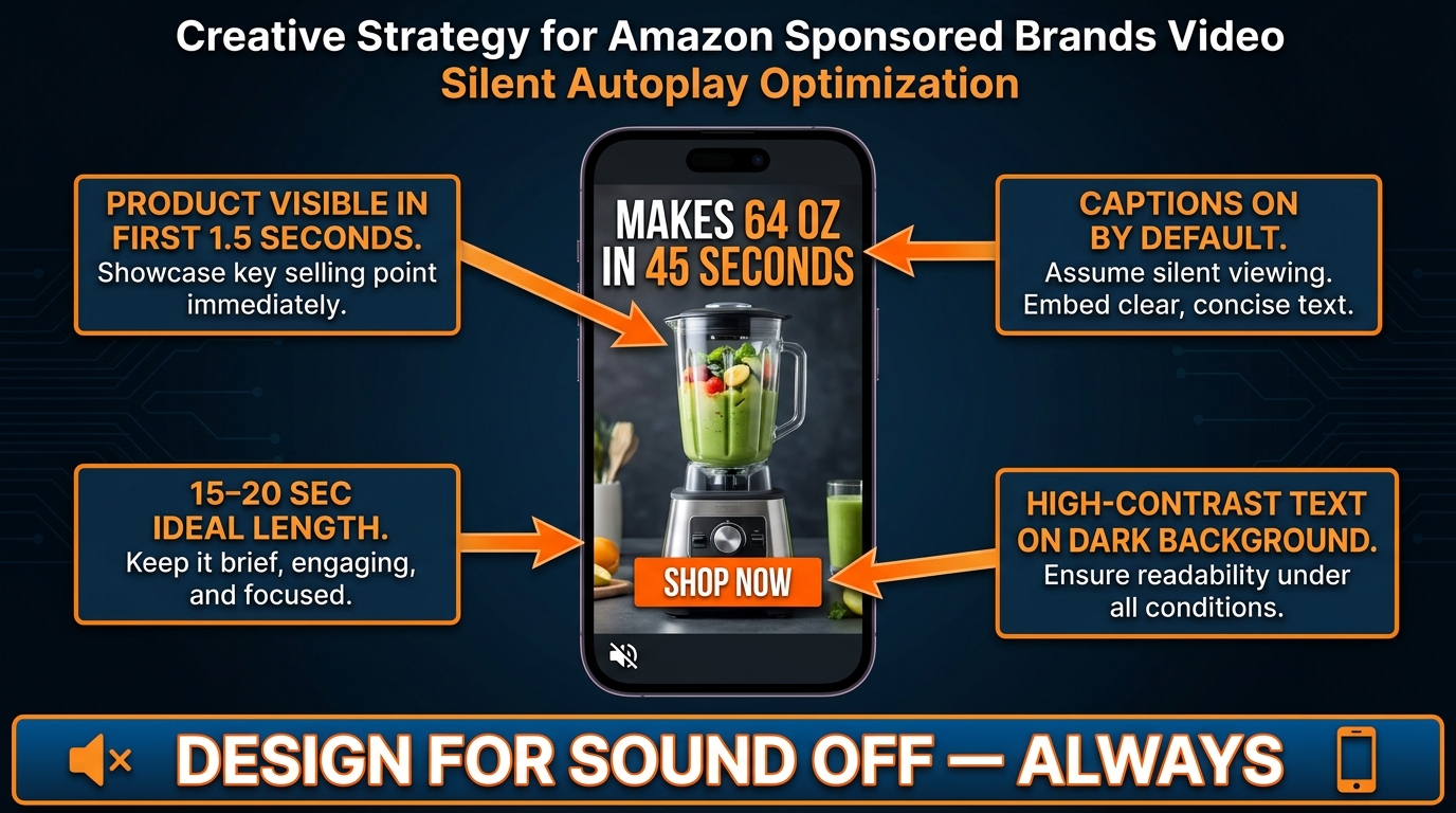 Amazon SBV silent autoplay creative strategy infographic showing smartphone with muted product video, captions, and on-screen text annotations for sound-off design