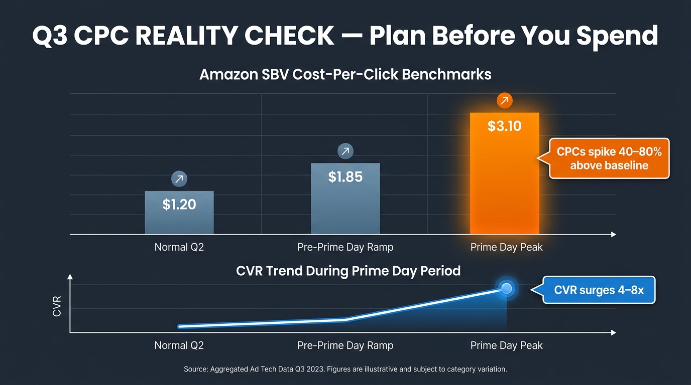 Amazon Q3 CPC inflation chart showing SBV cost-per-click benchmarks rising from normal Q2 through pre-Prime Day ramp to Prime Day peak with 40-80% spike callout