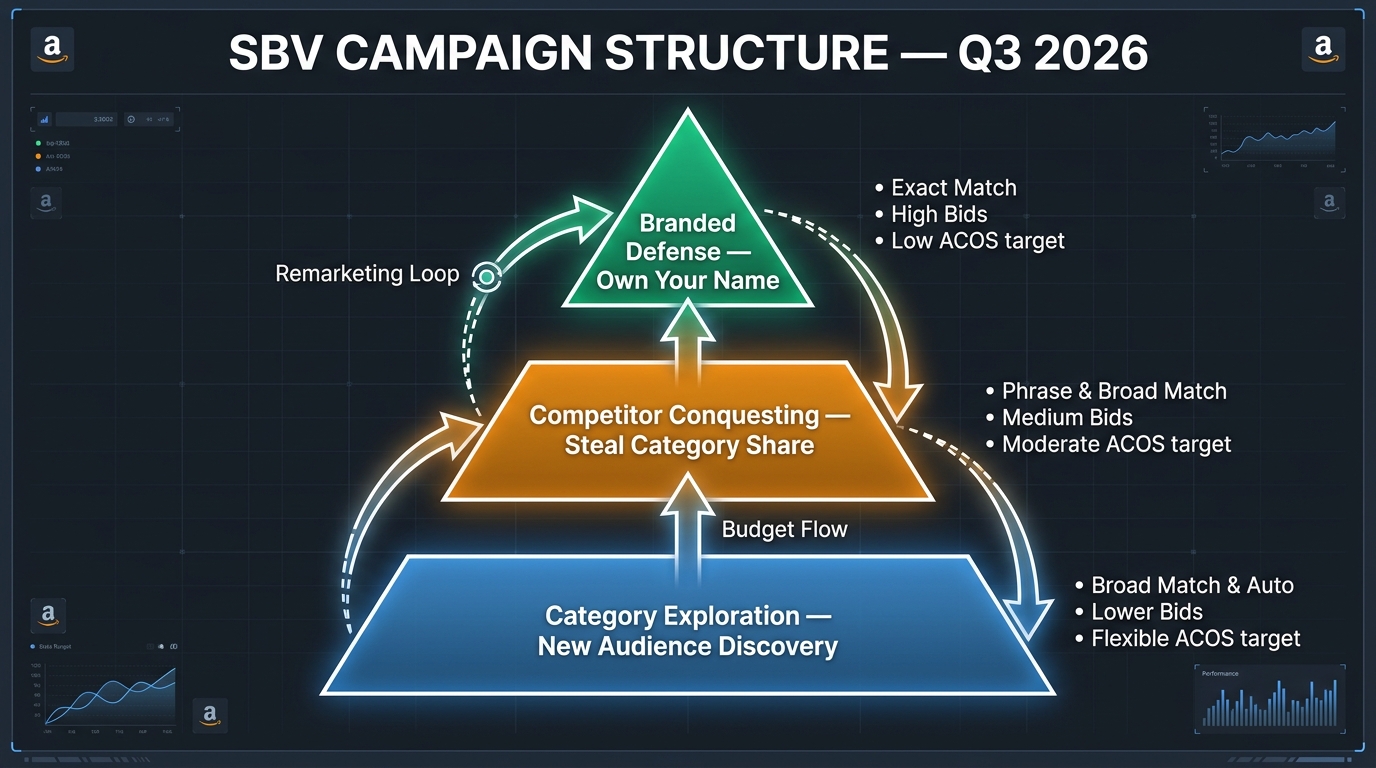 Amazon SBV three-tier campaign architecture pyramid showing branded defense, competitor conquesting, and category exploration campaigns with keyword and bid settings