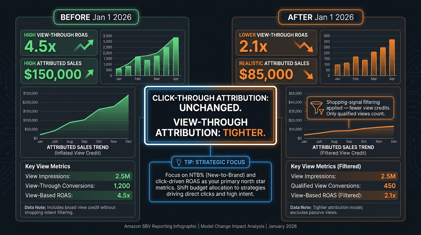 Amazon SBV attribution reporting infographic comparing before and after January 2026 model change showing click-through vs view-through attribution differences