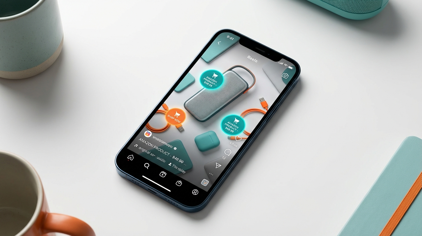 Smartphone showing Instagram Reels with clickable product sticker tags overlaid on an Amazon product — social commerce photography
