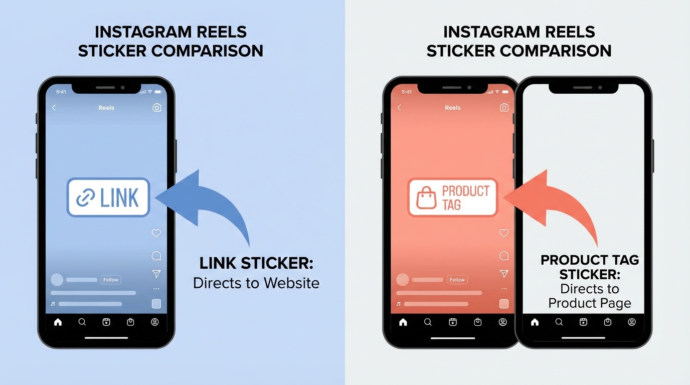 Side-by-side comparison of Instagram Reels link sticker versus product tag sticker on two smartphone mockups