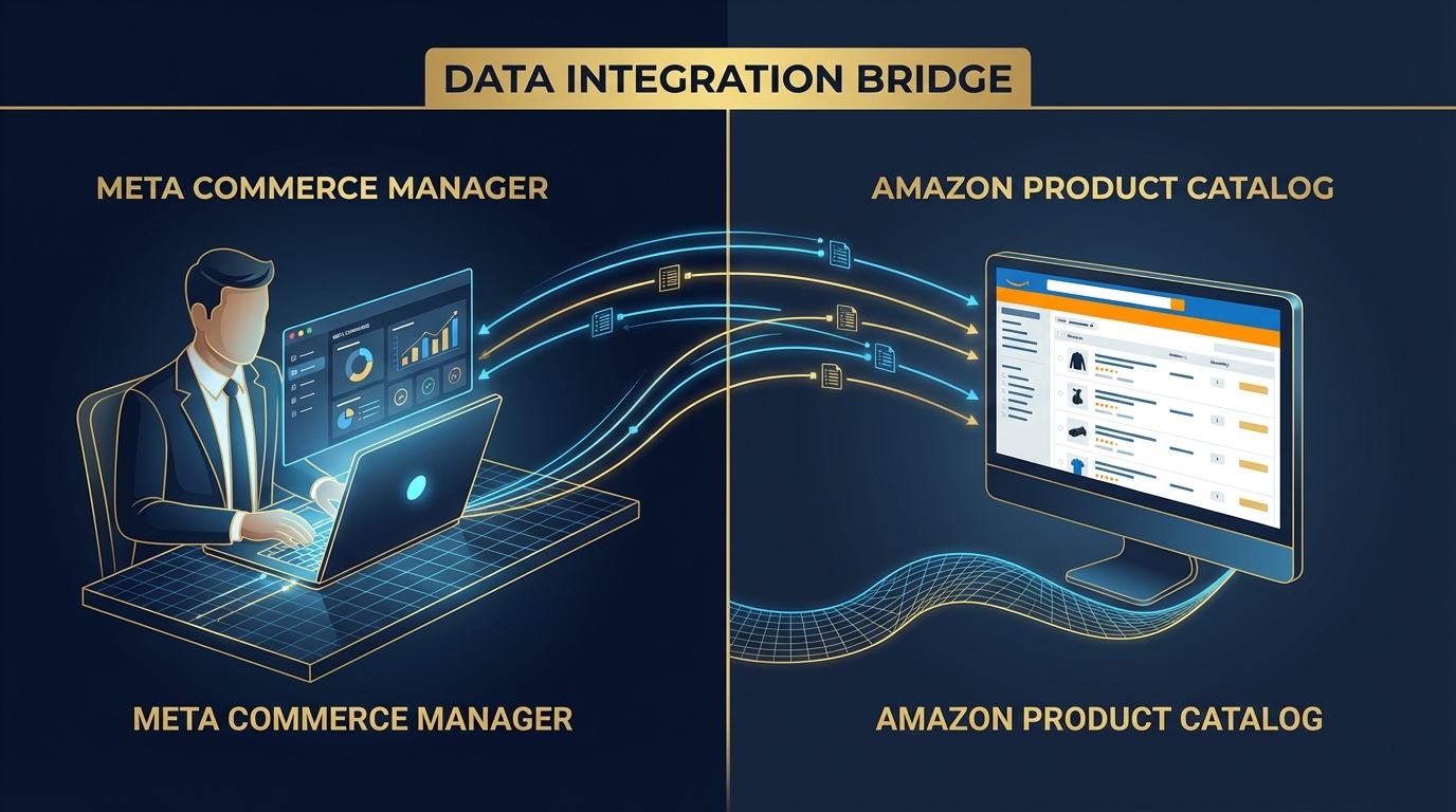 Business person connecting Meta Commerce Manager on a laptop to an Amazon product catalog — digital dashboard with glowing connection lines