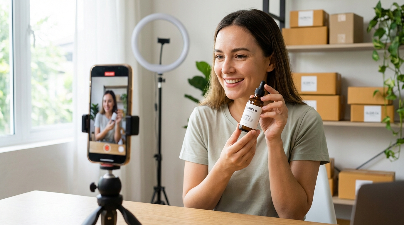 Content creator filming a product video in a home studio with ring light and smartphone on tripod — lifestyle creator setup