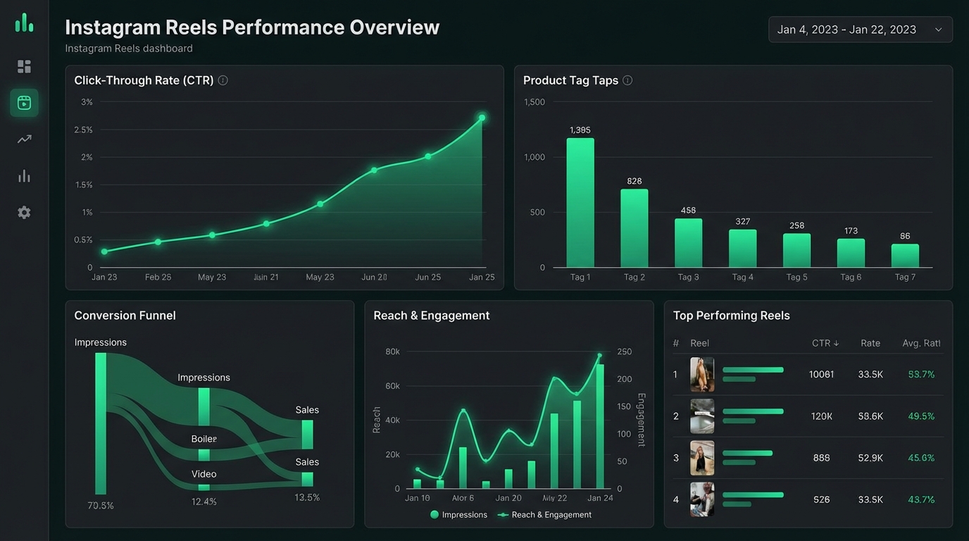 Analytics dashboard showing Instagram Reels performance metrics — click-through rate graphs, product tag tap counts, and conversion funnels in dark mode