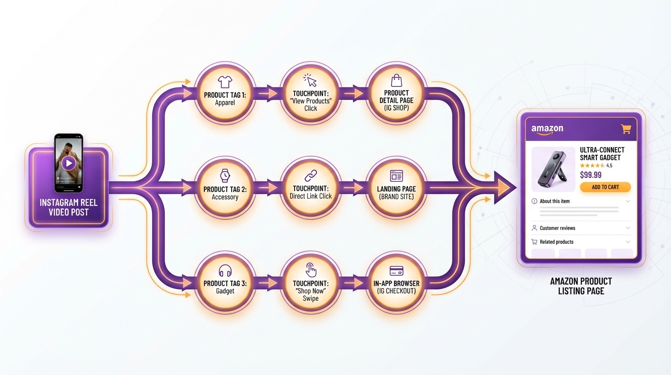 Visual roadmap showing a content pipeline flowing from a single Instagram Reel through product tag touchpoints to an Amazon listing page — illustrated flowchart