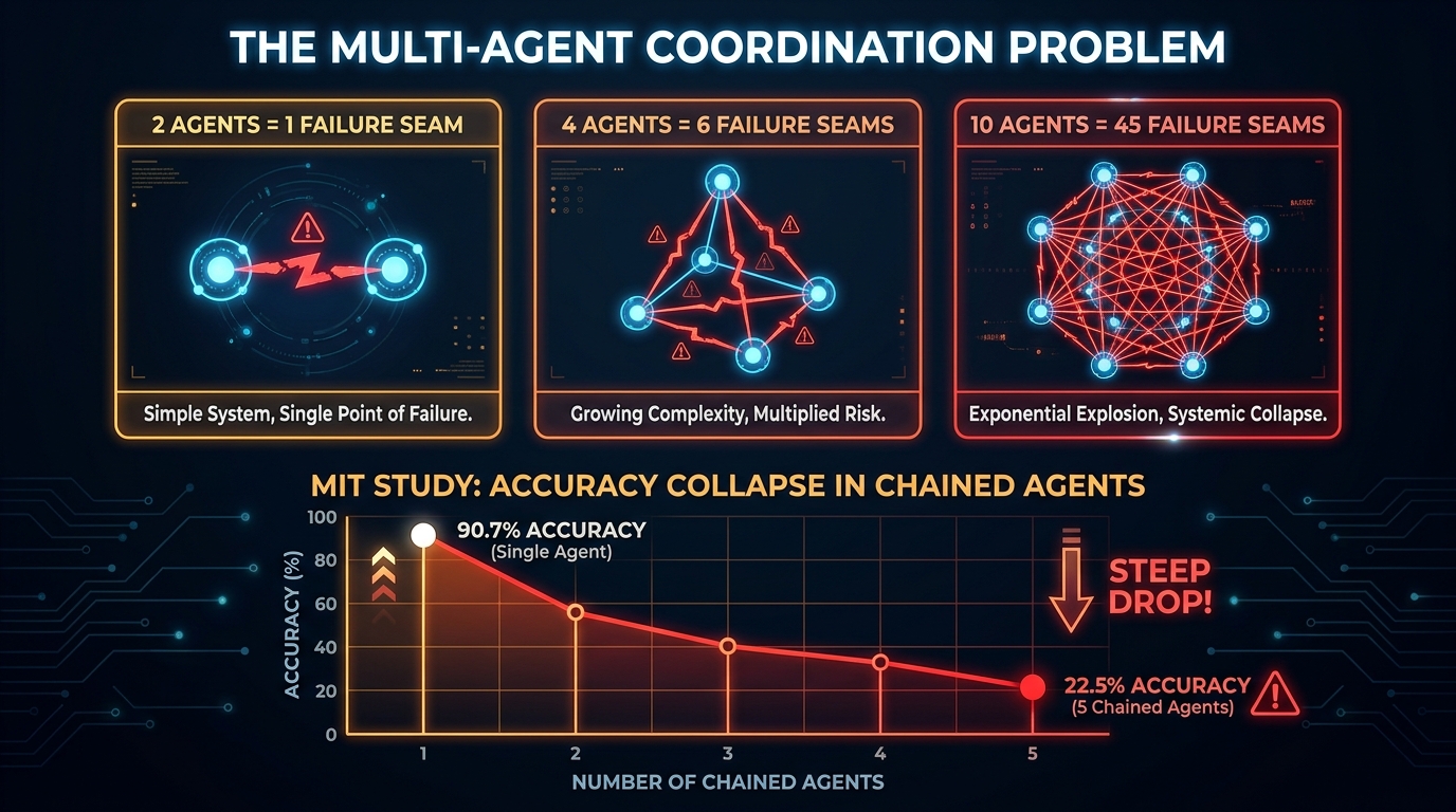 Multi-agent coordination failure math: 4 agents create 6 failure seams, 10 agents create 45 failure seams, with MIT accuracy collapse graph