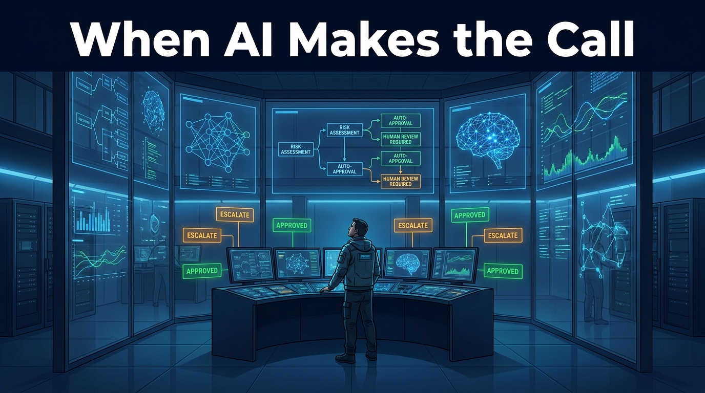 AI decision system command center with a human engineer monitoring autonomous decision streams on large screens