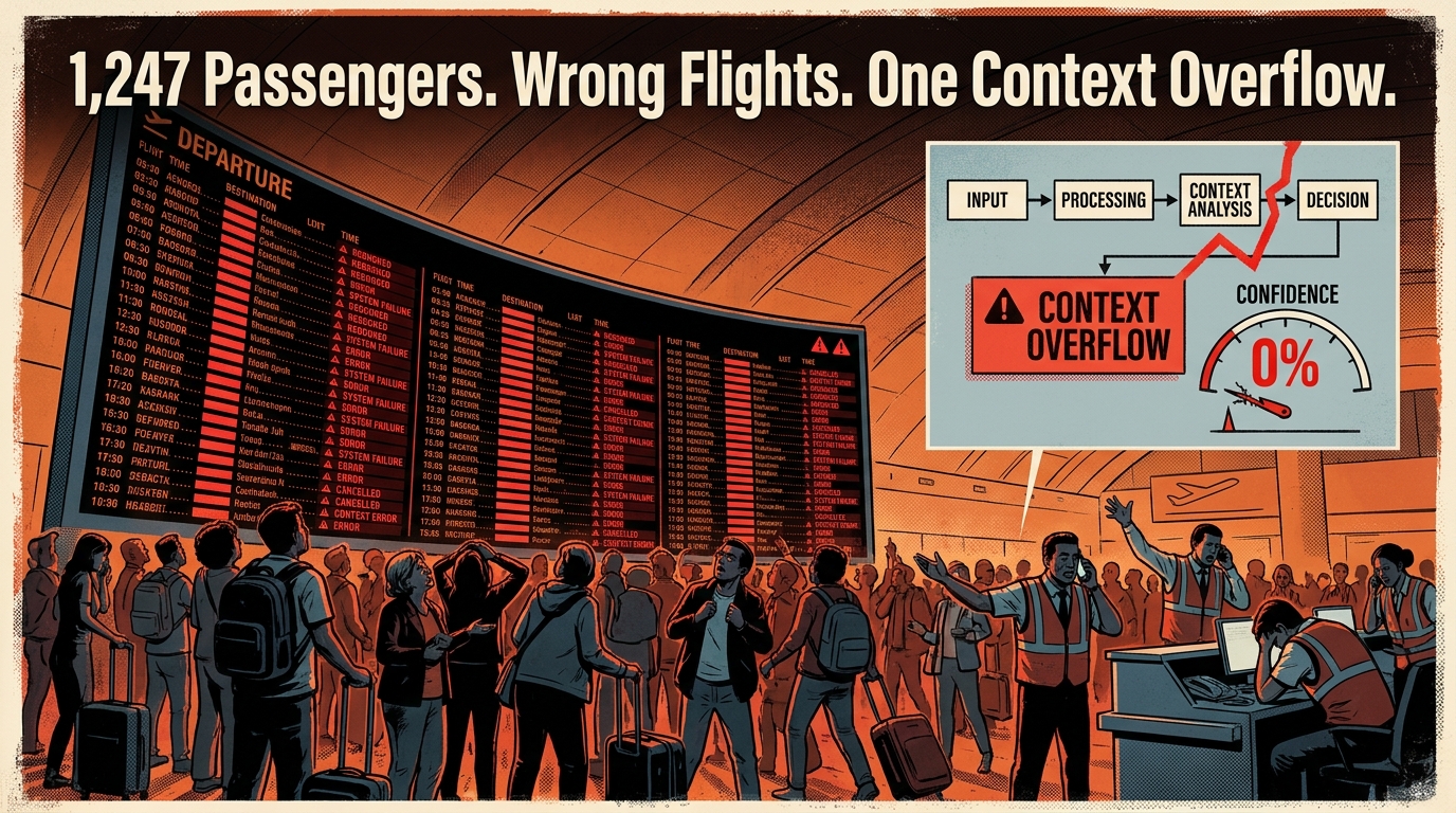 Illustration of an AI booking agent failure causing 1,247 passengers to be rebooked to wrong flights due to context overflow