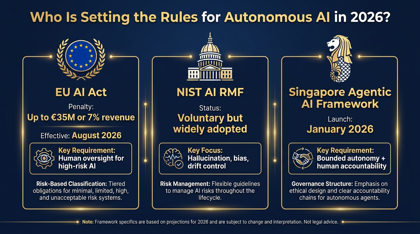 Comparison infographic of EU AI Act, NIST AI RMF, and Singapore Agentic AI Framework requirements for autonomous AI governance in 2026