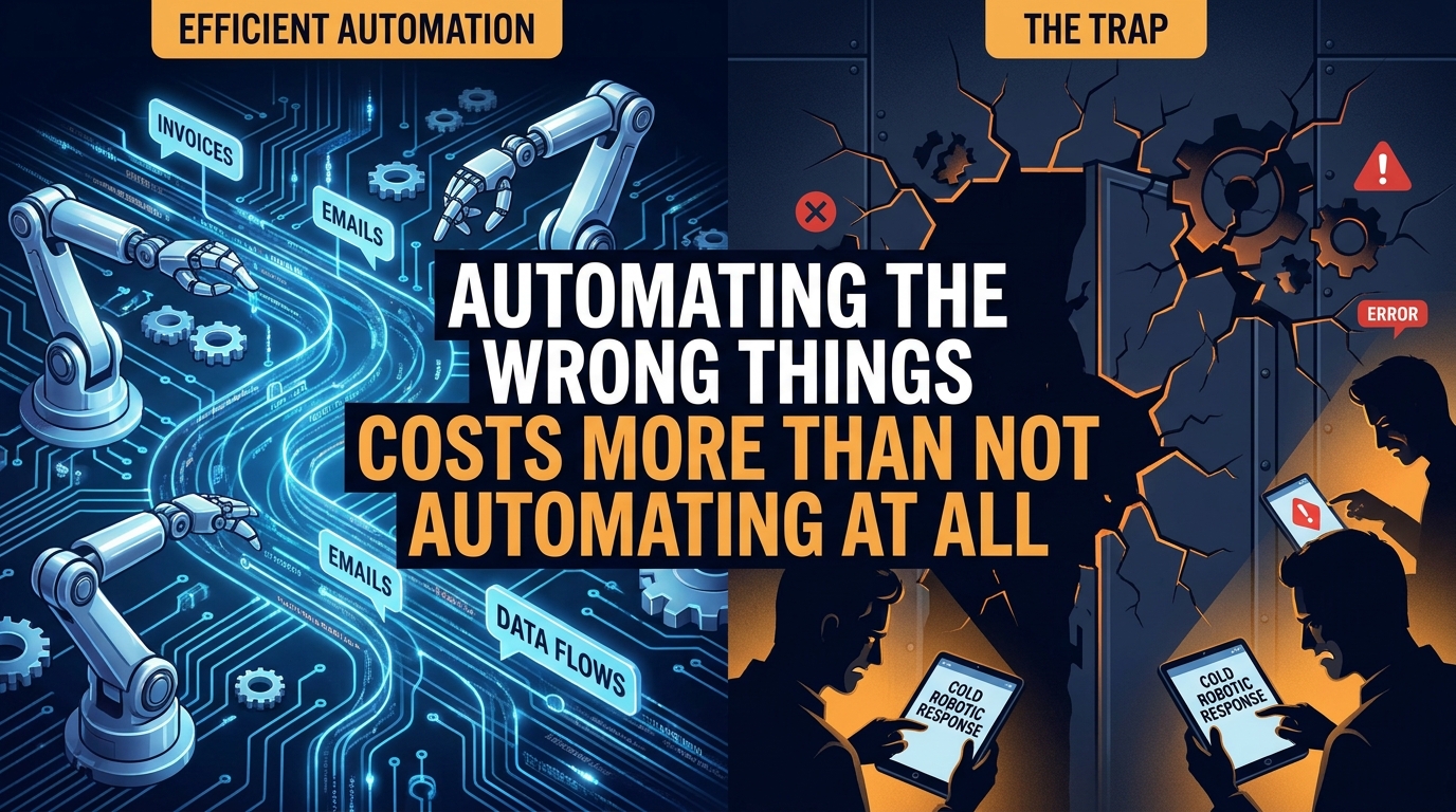 The Automation Trap — split visual showing perfect AI workflow on one side and broken, cracked automation systems on the other