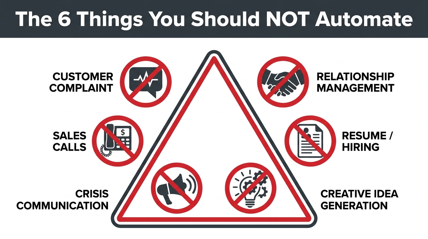 The 6 Things You Should NOT Automate — infographic showing six business processes with warning overlays