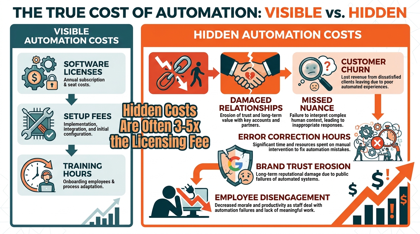 Hidden vs. Visible Automation Costs — infographic showing hidden costs dwarfing licensing fees