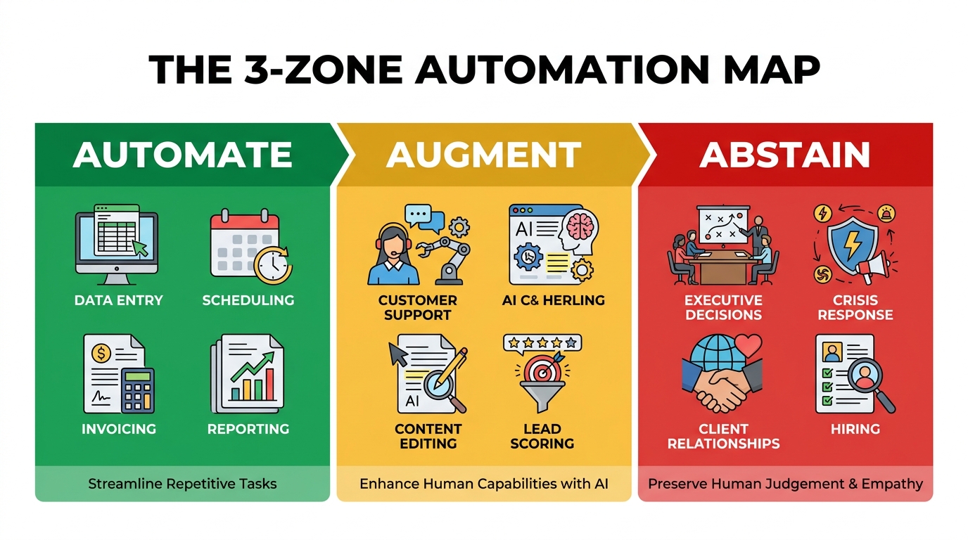 The 3-Zone Automation Map — green Automate, yellow Augment, red Abstain zones with process examples