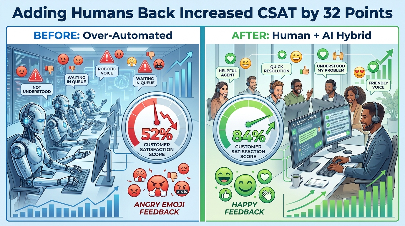 Before vs. After: Adding Humans Back to Automation — CSAT score improvement infographic