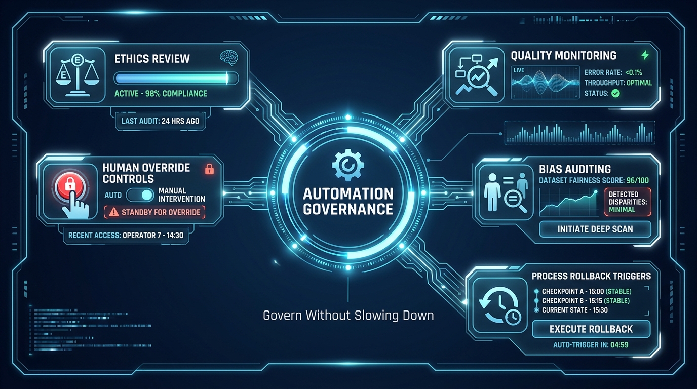 Automation Governance Layer diagram — five spokes including Ethics Review, Quality Monitoring, Human Override Controls, Bias Auditing, and Process Rollback Triggers