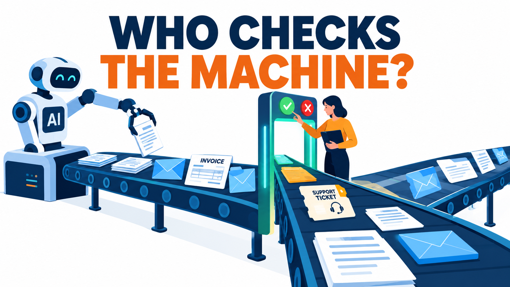 Conveyor belt of business documents flowing from an AI robot arm through a human review checkpoint with approve and reject buttons, headline Who Checks the Machine?