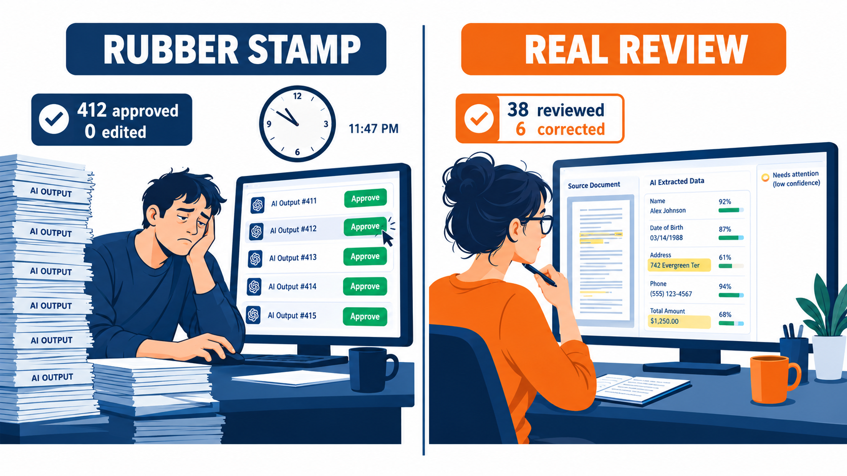 Split illustration contrasting a rubber-stamp reviewer approving 412 AI outputs with zero edits versus a real reviewer checking highlighted uncertain fields and correcting 6 of 38