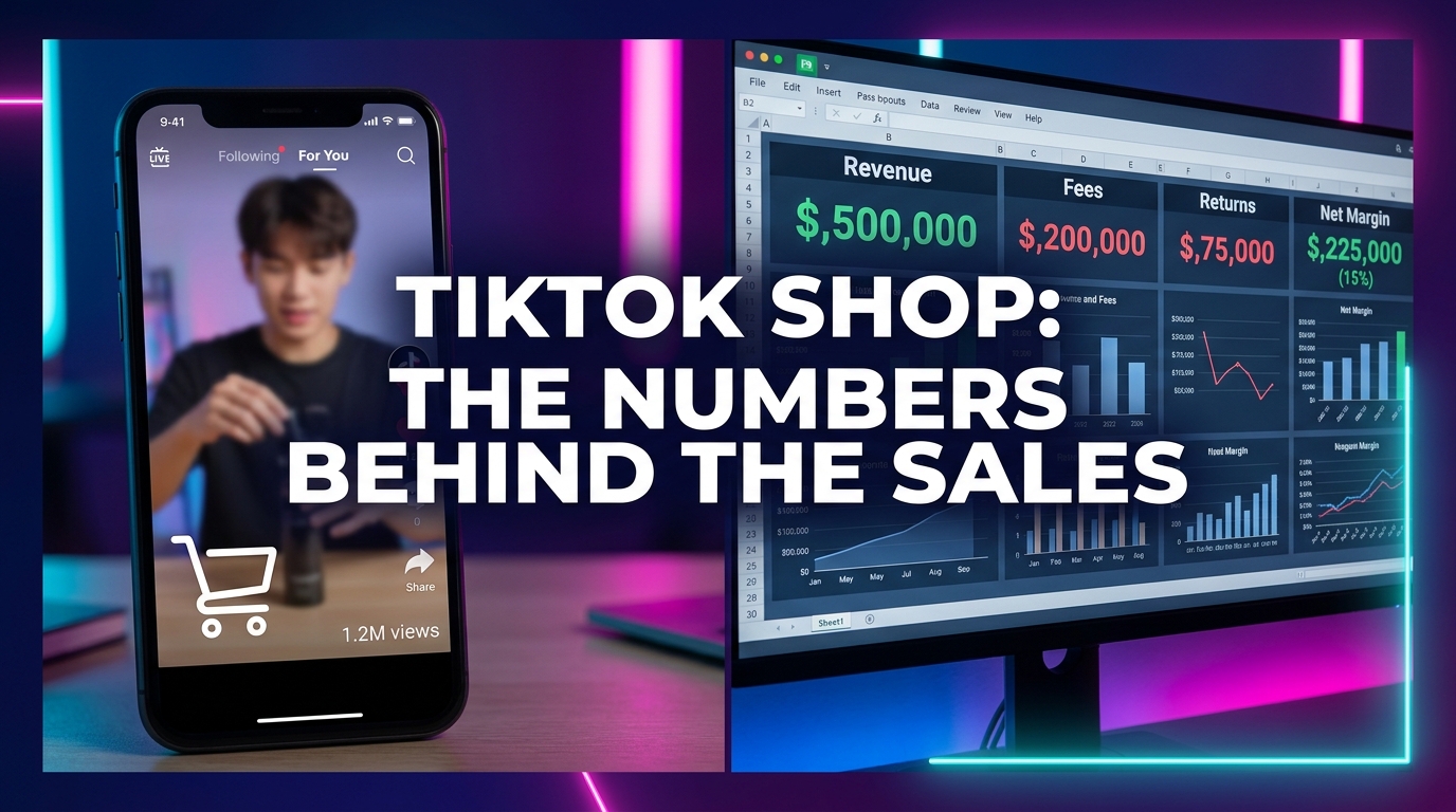 TikTok Shop selling economics — views vs profit split screen infographic
