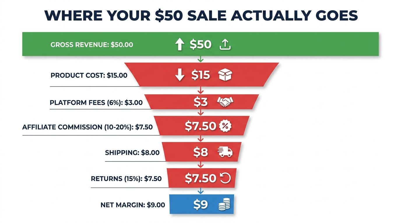 TikTok Shop unit economics funnel — where your $50 sale actually goes after fees, commissions, and returns