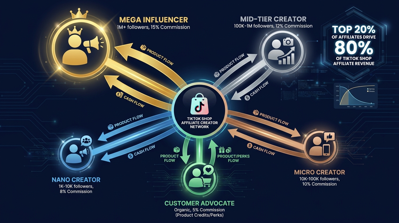 TikTok Shop affiliate creator network tiers — commission structure and revenue flow diagram