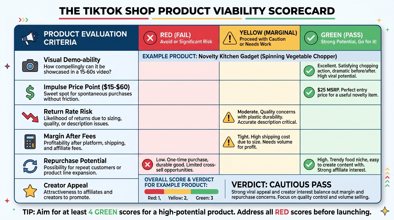 TikTok Shop product viability scorecard — six criteria for evaluating products before listing