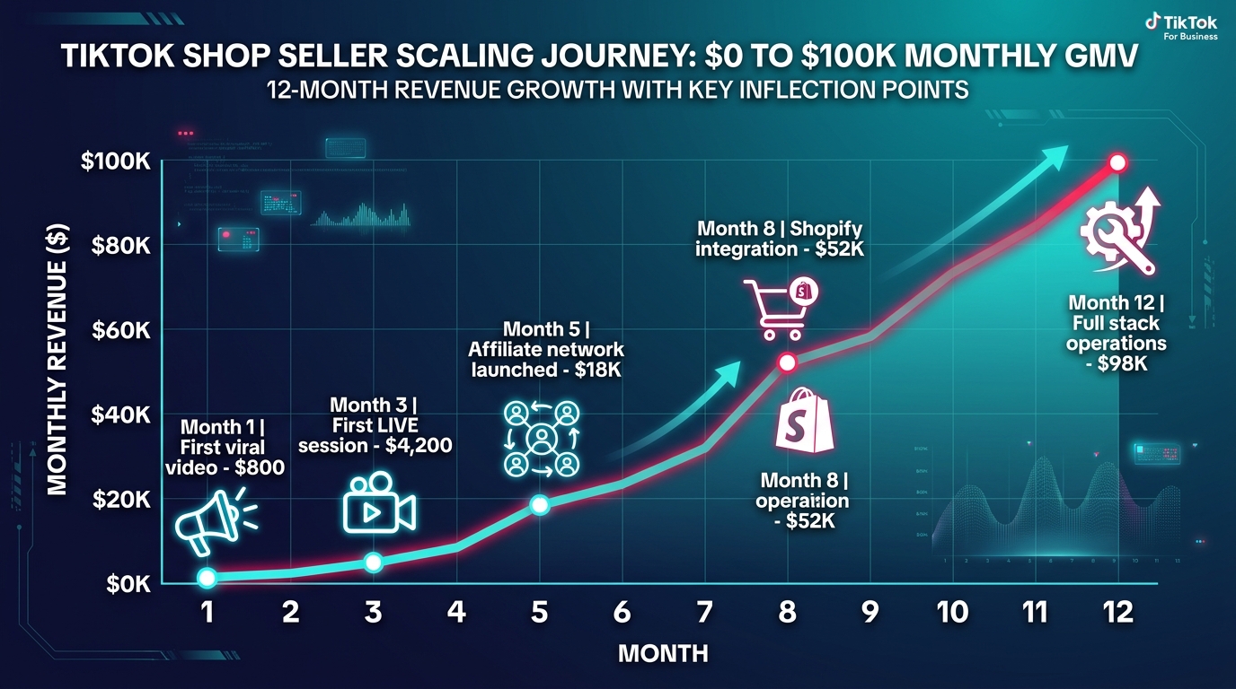 TikTok Shop seller revenue scaling chart — from first viral video to $100K monthly GMV with key operational milestones