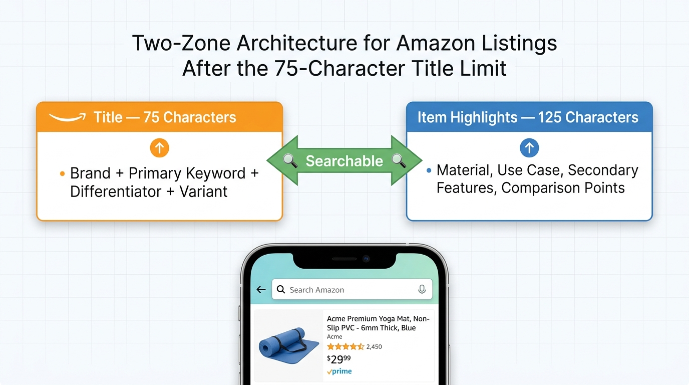 Two-zone architecture diagram showing Amazon title (75 chars) paired with Item Highlights (125 chars) as a combined searchable listing system