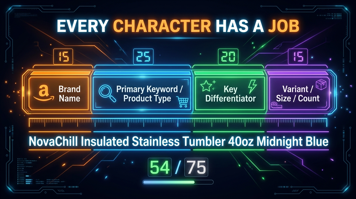 Character budget breakdown for a 75-character Amazon title: Brand (15 chars), Primary Keyword (25 chars), Differentiator (20 chars), Variant (15 chars)