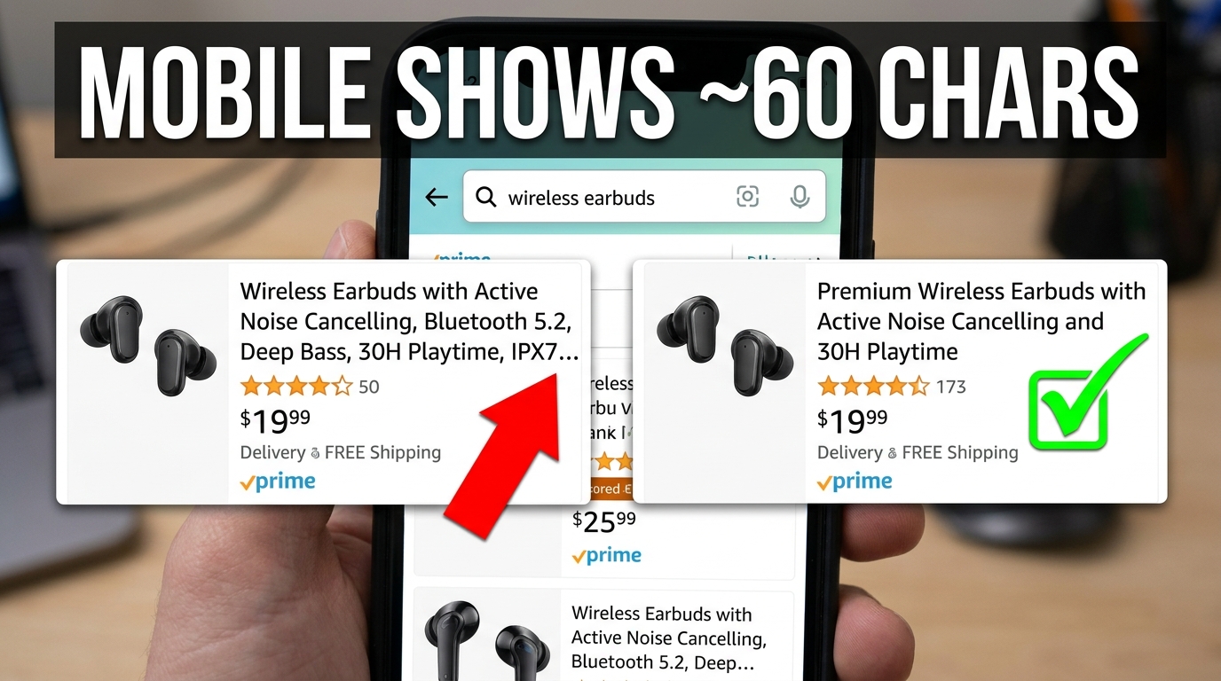 Mobile Amazon search results comparison showing one title truncated at 60 characters versus a well-structured title that reads completely on mobile