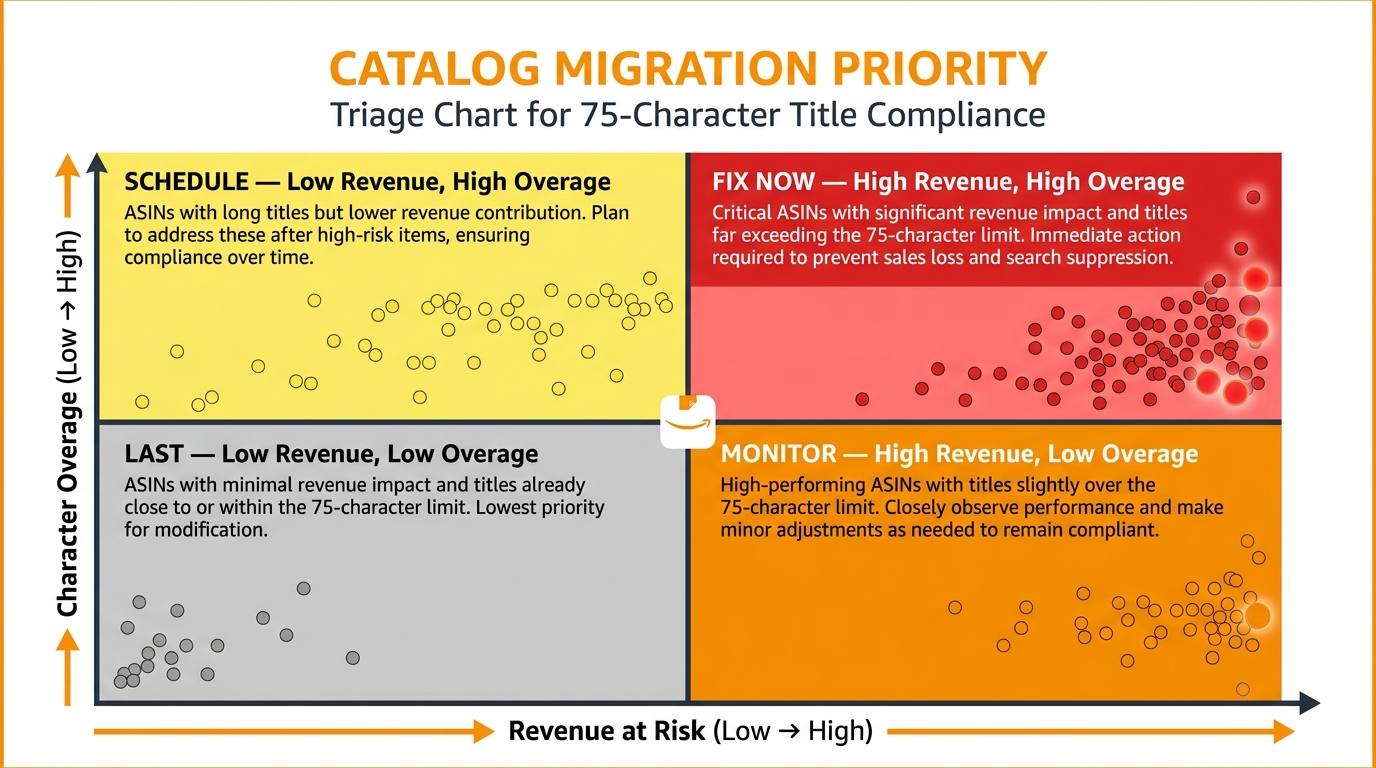 2x2 priority matrix for Amazon catalog migration to 75-character titles: Fix Now (high revenue, high overage), Schedule, Monitor, and Last quadrants