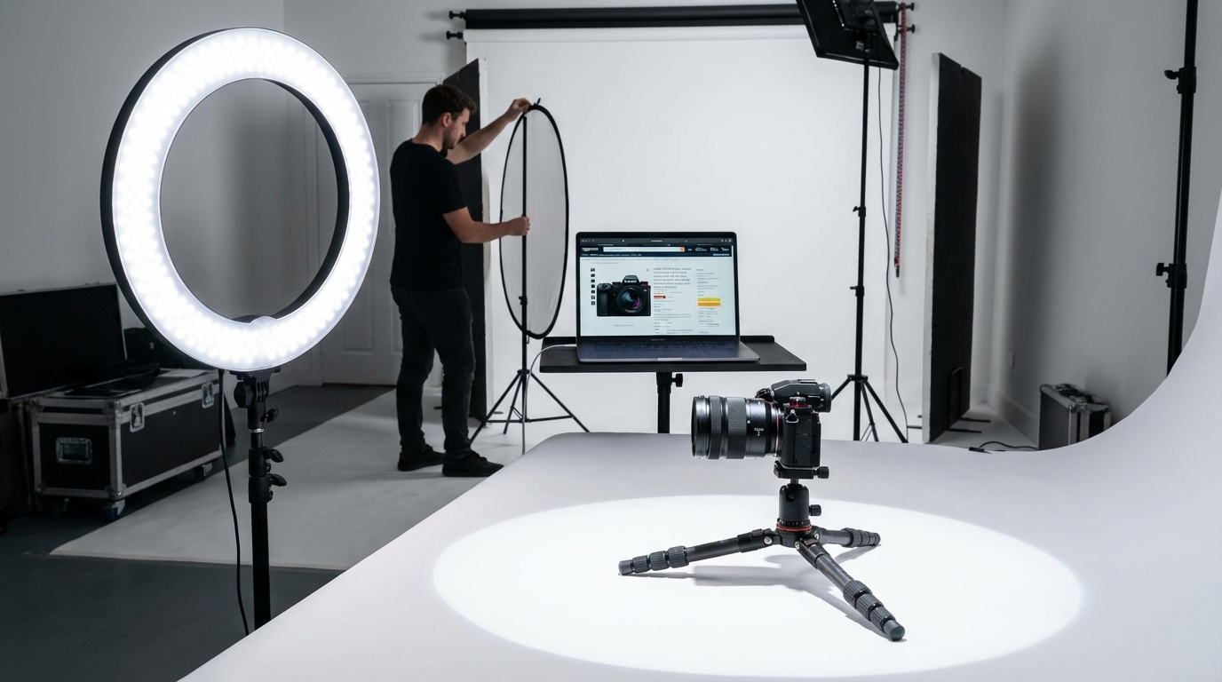 Professional Amazon product photography studio setup with camera, ring light, and white backdrop